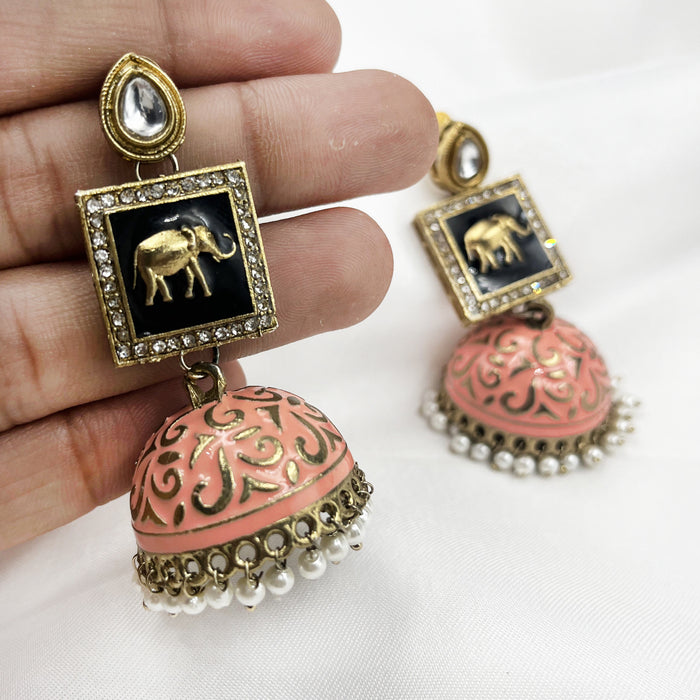 Beautiful Gold-Plated Jhumka Earrings with Peach Elephant Design and Pearls