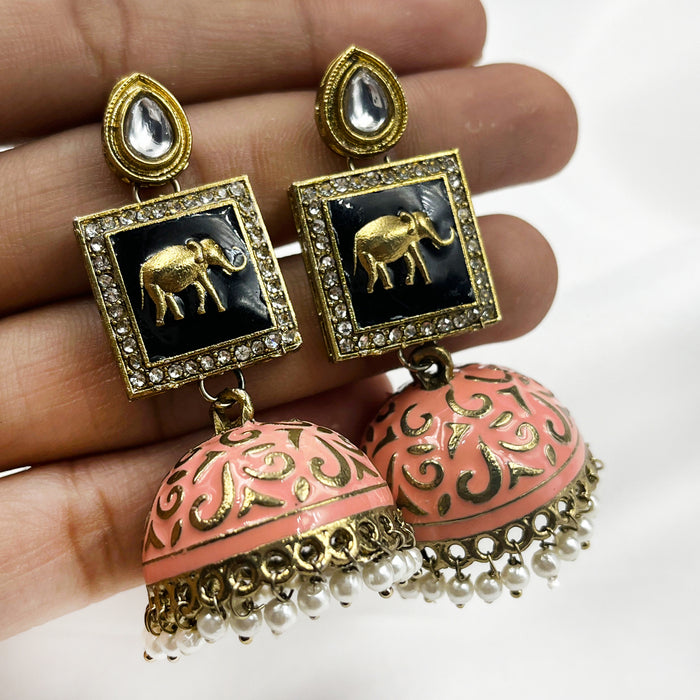 Beautiful Gold-Plated Jhumka Earrings with Peach Elephant Design and Pearls