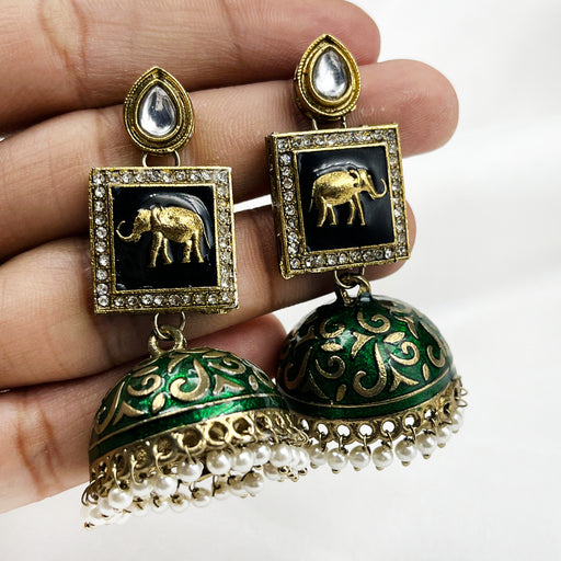 Beautiful Gold-Plated Olive Green Meenakari Jhumka Earring Set