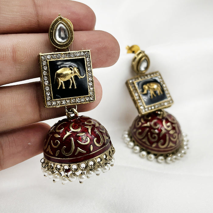 Beautiful Gold-Plated Red Meenakari Work Jhumka Earring Set with Pearls