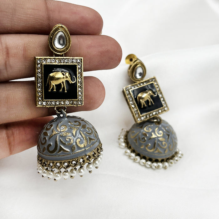 Gold-Plated Jhumka Earrings with Gray Elephant Design and Pearls