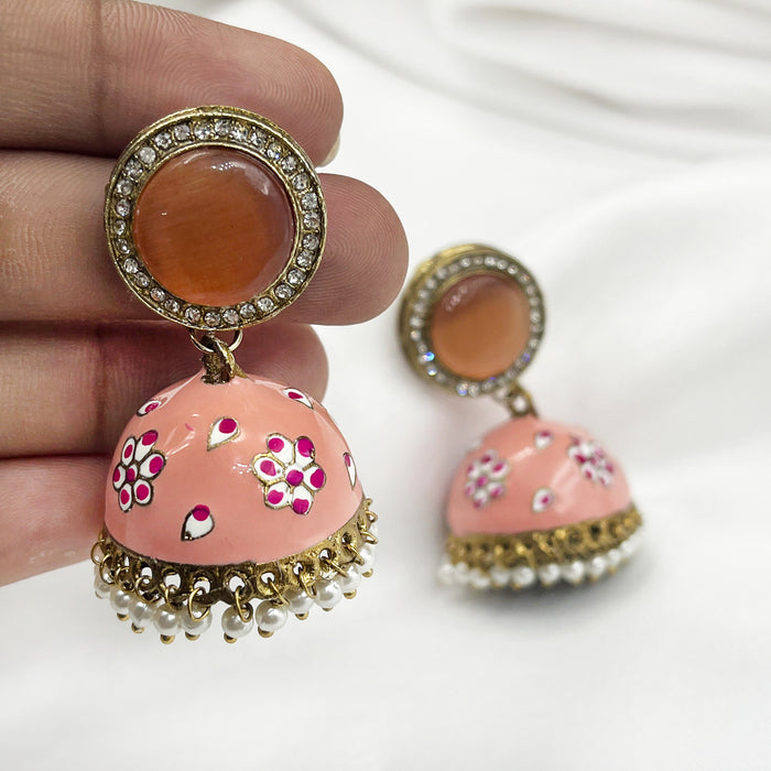 Gold-Plated Jhumka Earring Set with Peach Color Flower Design Meenakari Work and Pearls