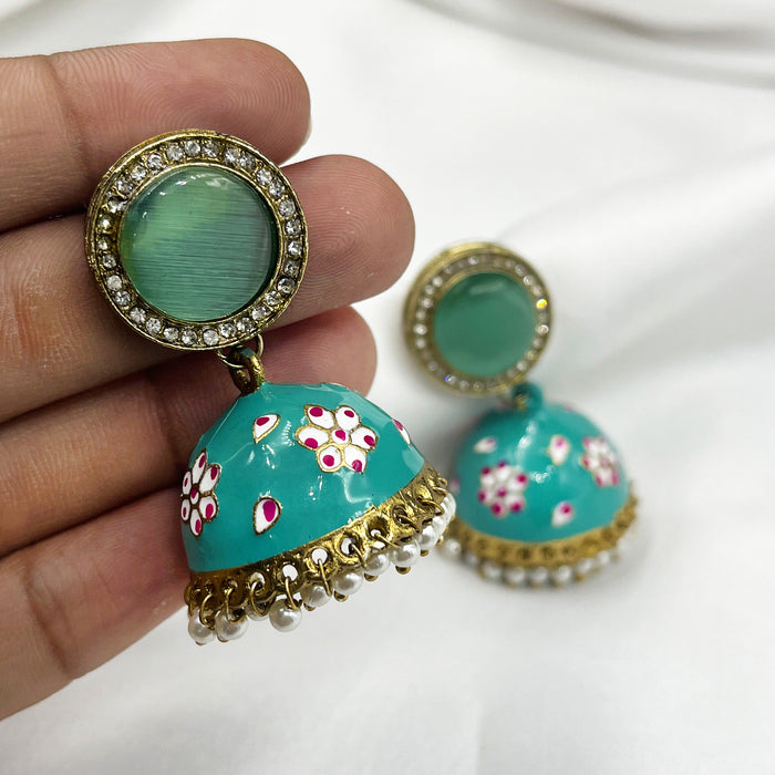 Gold-Plated Jhumka Earring Set with Sea Green Meenakari Work and Pearls for Girls and Women
