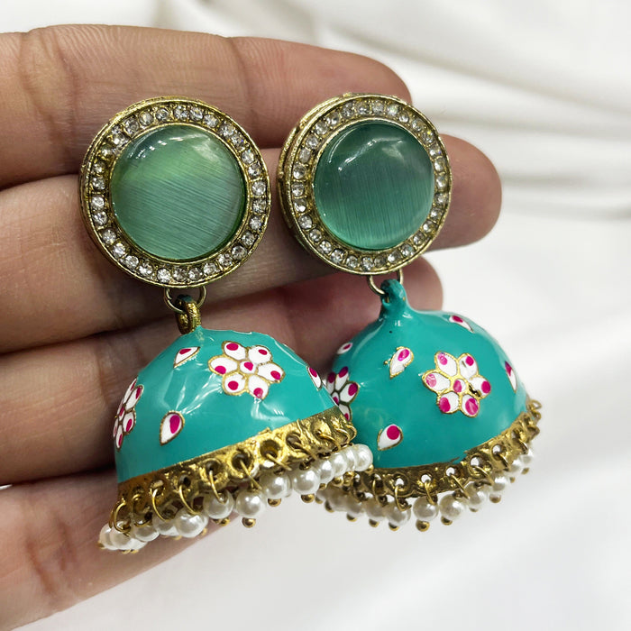 Gold-Plated Jhumka Earring Set with Sea Green Meenakari Work and Pearls for Girls and Women