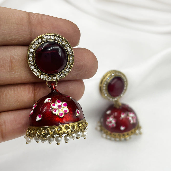 Beautiful Meenakari Gold-Plated Jhumka Earring Set with Pearls