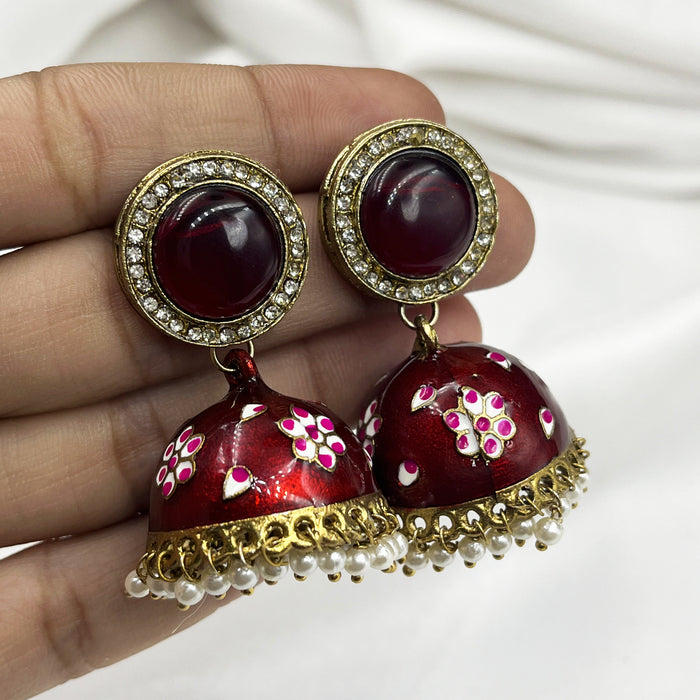 Beautiful Meenakari Gold-Plated Jhumka Earring Set with Pearls