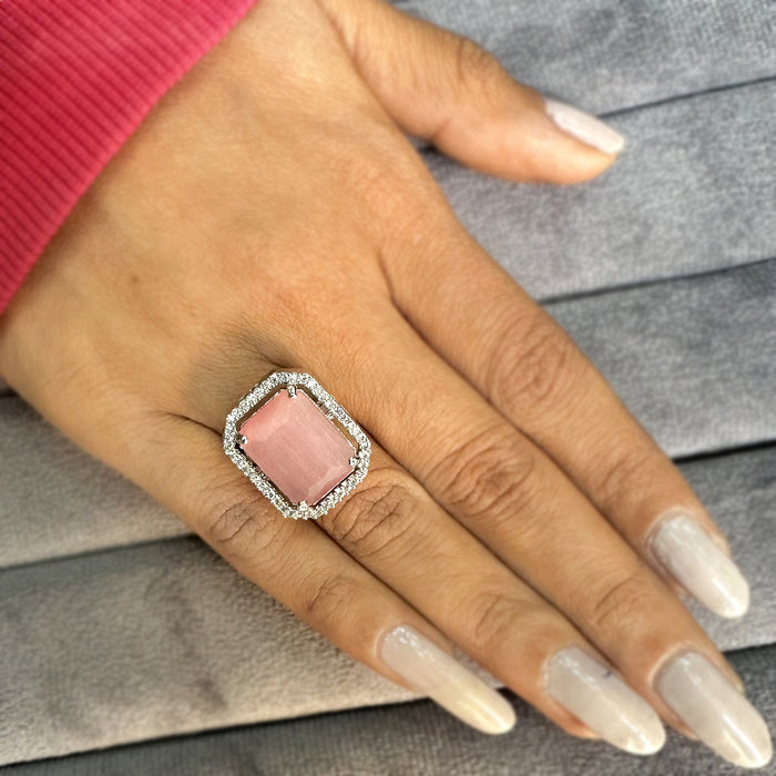 Artificial Rose Quartz & CZ Silver-plated Brass Ring