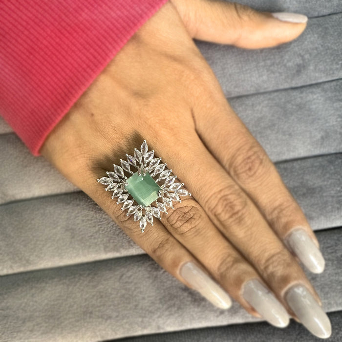 Aquamarine & CZ Silver-Plated Brass Finger Ring
