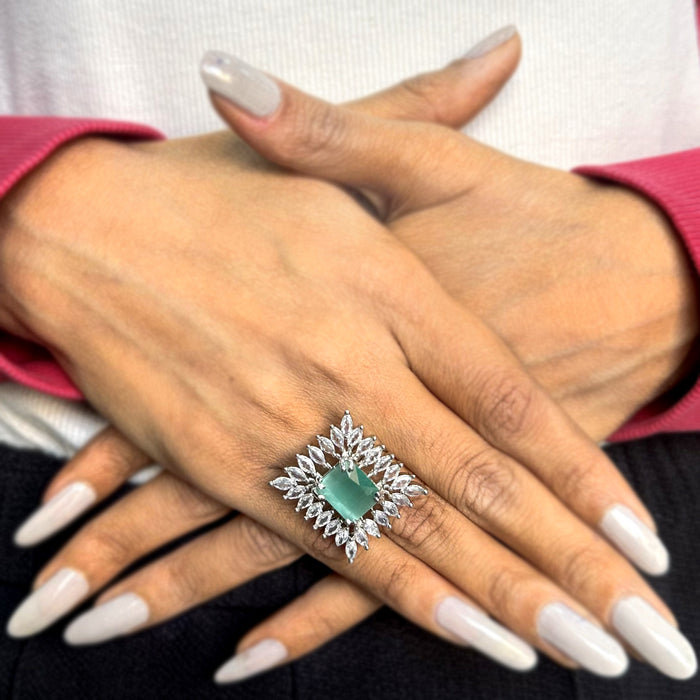Aquamarine & CZ Silver-Plated Brass Finger Ring