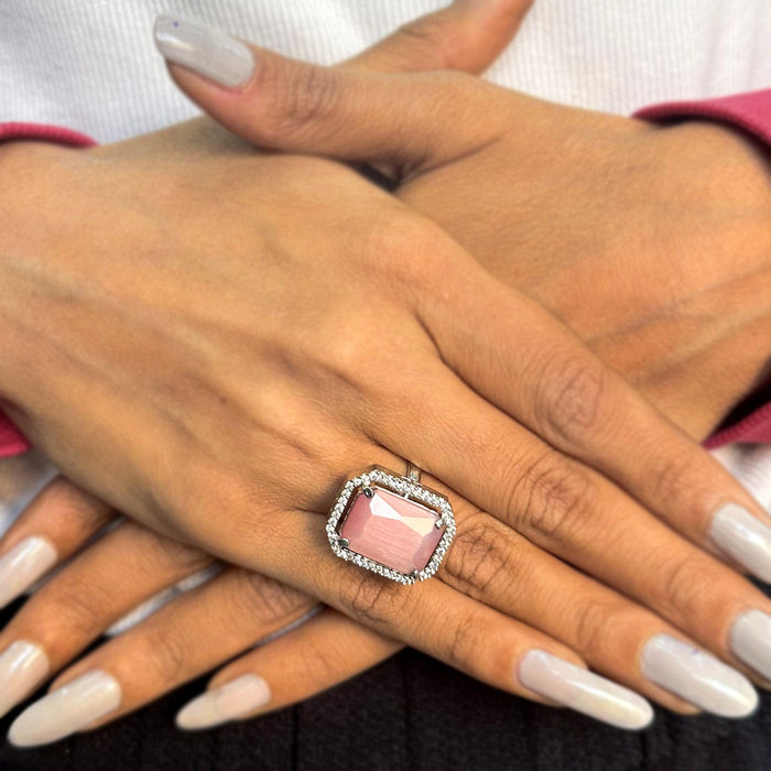 Artificial Rose Quartz & CZ Silver-plated Brass Ring