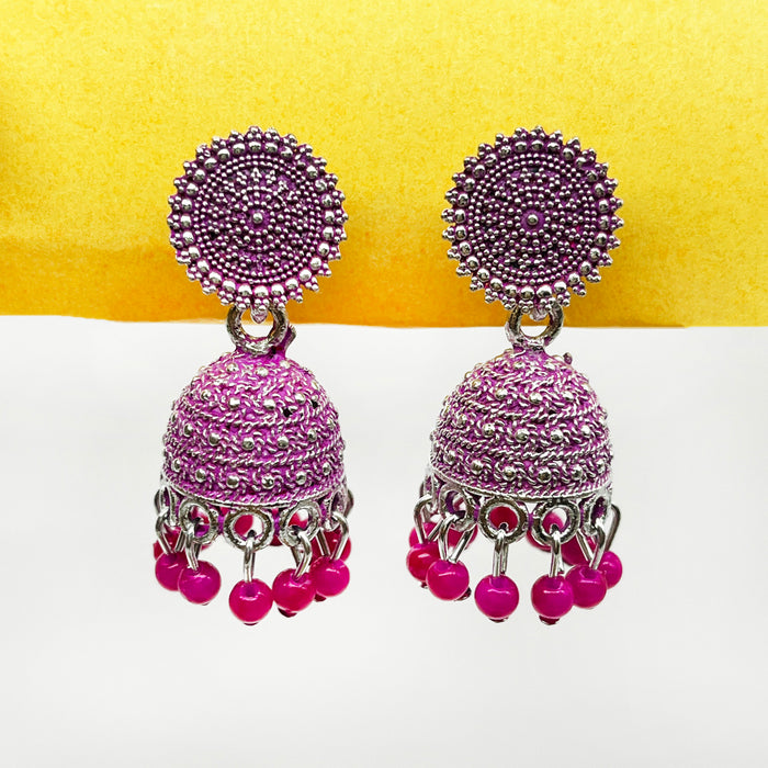 Traditional Gold Plated Floral Pink Oxidized Jhumkas Drop Earrings with Pearl for Women and Girls