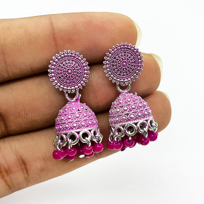 Traditional Gold Plated Floral Pink Oxidized Jhumkas Drop Earrings with Pearl for Women and Girls