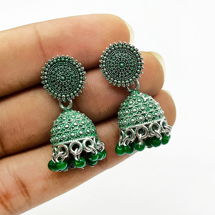 Beautiful Chic Brass Jhumka Earrings with Green Oxidation for Girls and Women