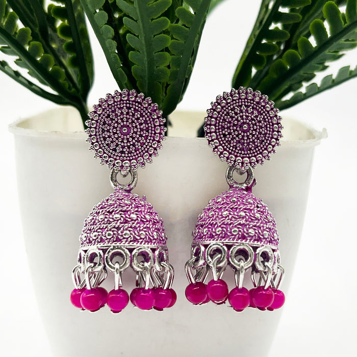Traditional Gold Plated Floral Pink Oxidized Jhumkas Drop Earrings with Pearl for Women and Girls