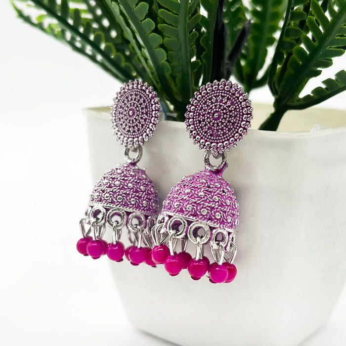 Traditional Gold Plated Floral Pink Oxidized Jhumkas Drop Earrings with Pearl for Women and Girls