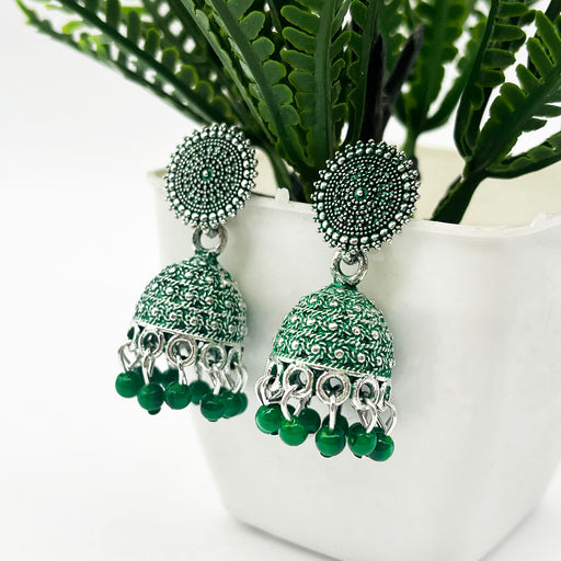 Beautiful Chic Brass Jhumka Earrings with Green Oxidation for Girls and Women
