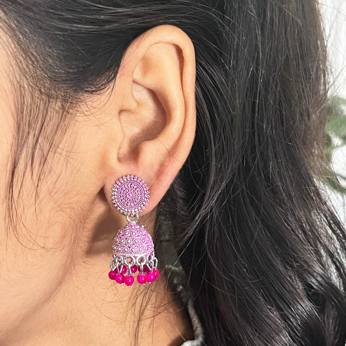 Traditional Gold Plated Floral Pink Oxidized Jhumkas Drop Earrings with Pearl for Women and Girls