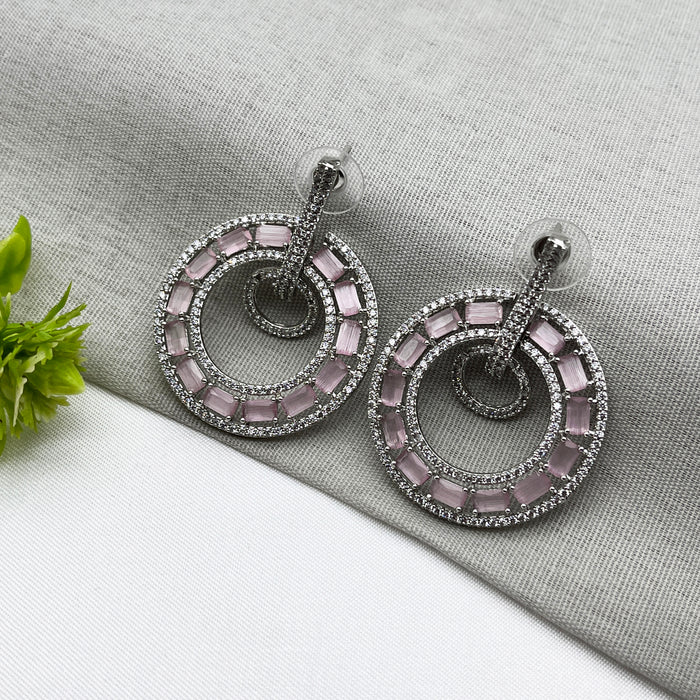 Buy Beautiful Rose Quartz & CZ Stones studded Silver Plated Earrings