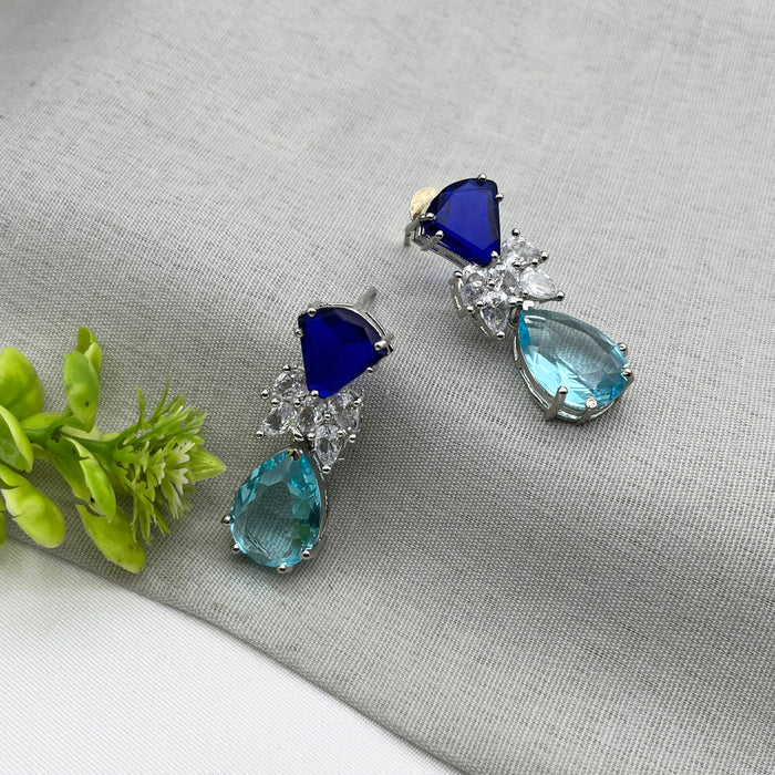 Sapphire & Blue Topaz Studded Silver-Plated Drop Earrings