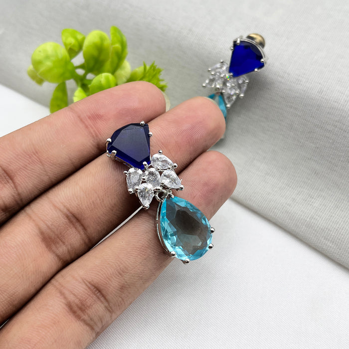 Sapphire & Blue Topaz Studded Silver-Plated Drop Earrings
