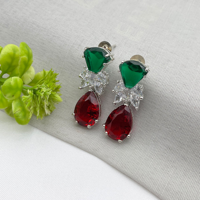 Designer Emerald & Garnet Studded Silver-Plated Drop Earrings