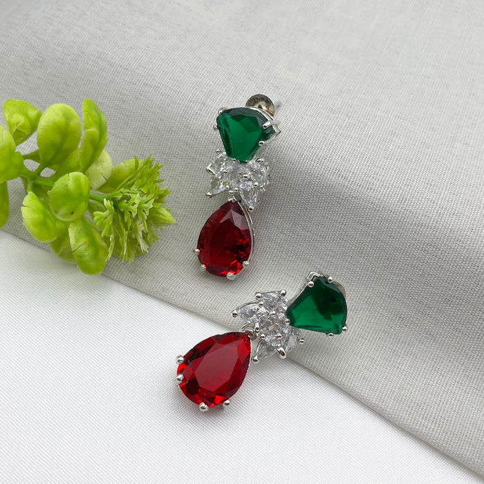 Designer Emerald & Garnet Studded Silver-Plated Drop Earrings