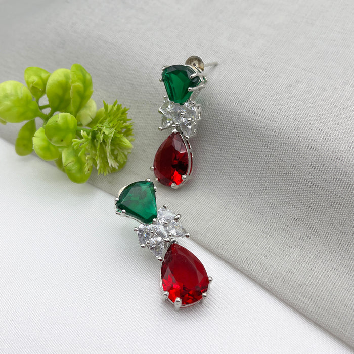Designer Emerald & Garnet Studded Silver-Plated Drop Earrings