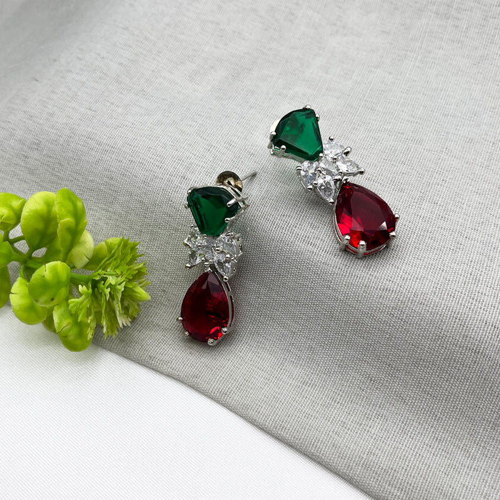 Designer Emerald & Garnet Studded Silver-Plated Drop Earrings