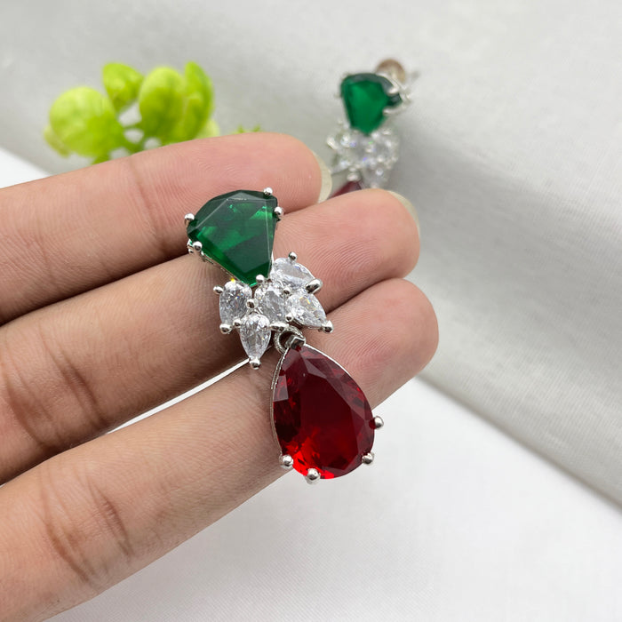 Designer Emerald & Garnet Studded Silver-Plated Drop Earrings