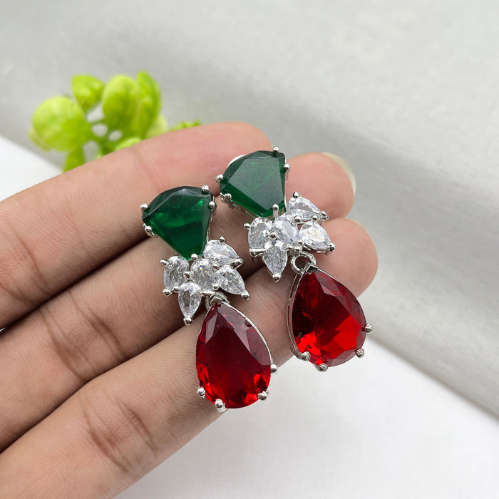 Designer Emerald & Garnet Studded Silver-Plated Drop Earrings