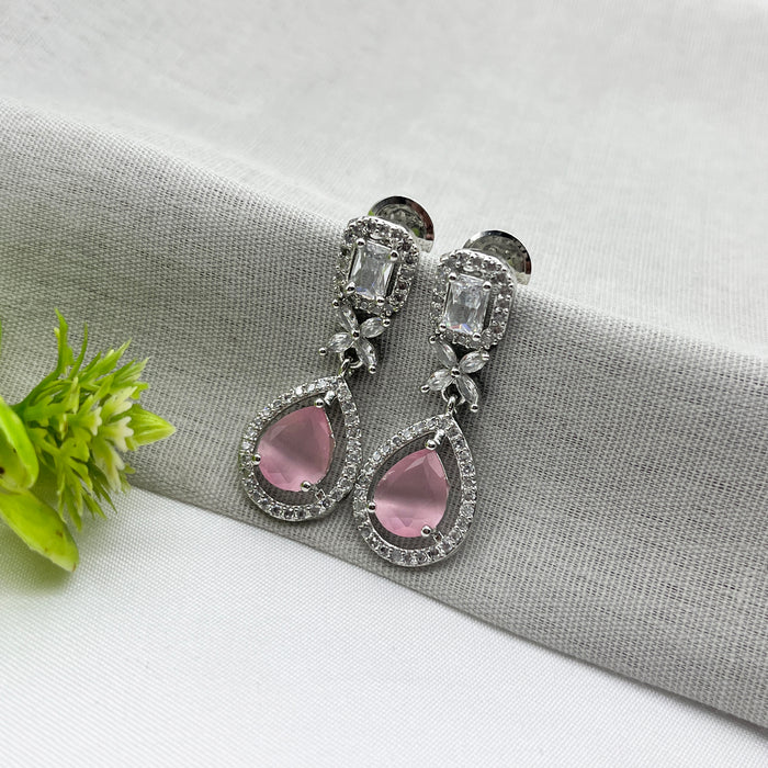 Beautiful Rose Quartz and CZ Silver-Plated Drop Earrings