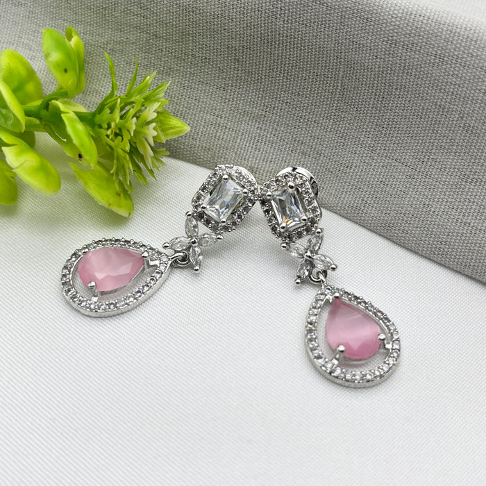 Beautiful Rose Quartz and CZ Silver-Plated Drop Earrings