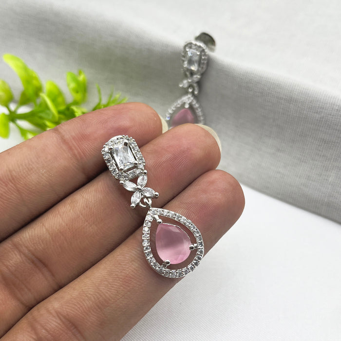 Beautiful Rose Quartz and CZ Silver-Plated Drop Earrings