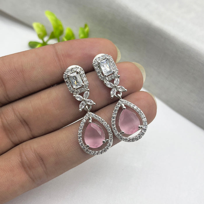Beautiful Rose Quartz and CZ Silver-Plated Drop Earrings