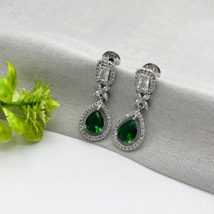 Beautiful Emerald and CZ Silver-Plated Drop Earrings