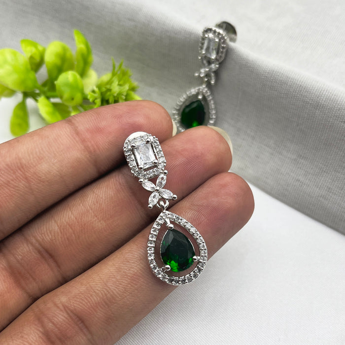 Beautiful Emerald and CZ Silver-Plated Drop Earrings