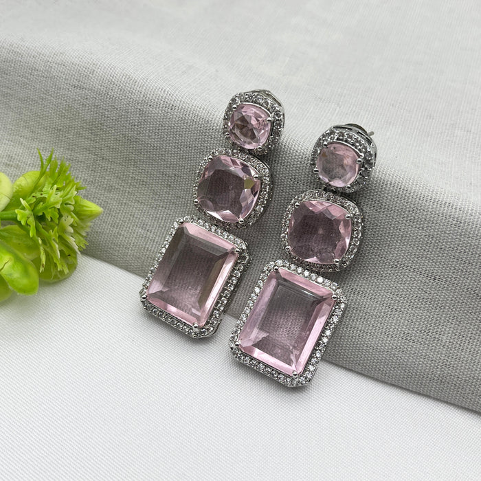 Beautiful Silver-Plated Drop Dangle Earrings with Rose Quartz and CZ Stone