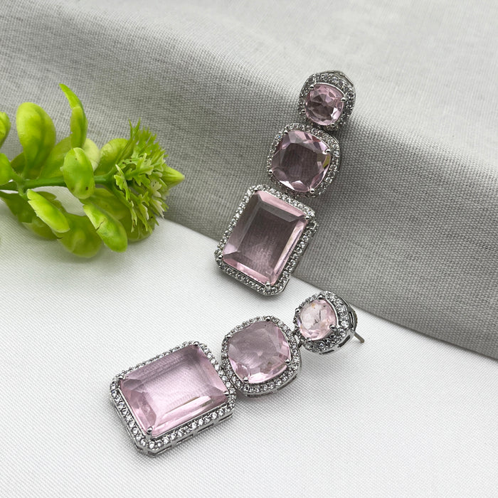 Beautiful Silver-Plated Drop Dangle Earrings with Rose Quartz and CZ Stone