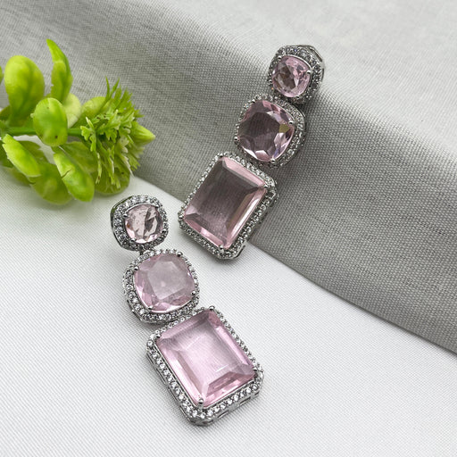 Beautiful Silver-Plated Drop Dangle Earrings with Rose Quartz and CZ Stone