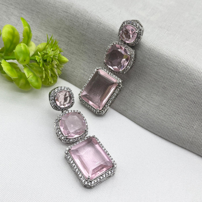 Beautiful Silver-Plated Drop Dangle Earrings with Rose Quartz and CZ Stone