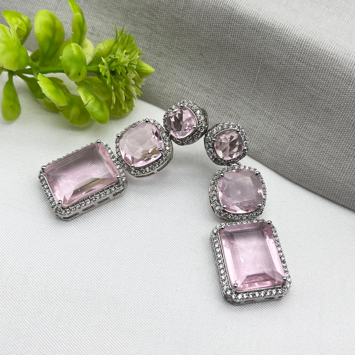 Beautiful Silver-Plated Drop Dangle Earrings with Rose Quartz and CZ Stone