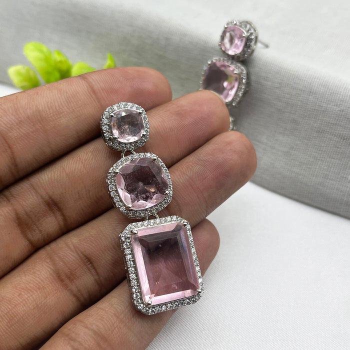 Beautiful Silver-Plated Drop Dangle Earrings with Rose Quartz and CZ Stone