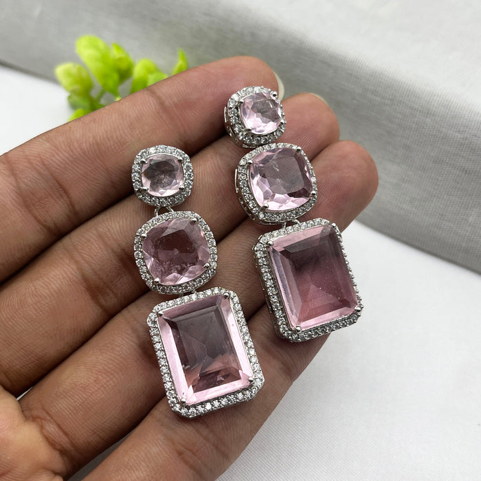 Beautiful Silver-Plated Drop Dangle Earrings with Rose Quartz and CZ Stone