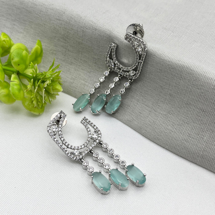 Silver-Plated Drop Earrings with Aquamarine and CZ Stones – Elegant Brass Jewelry