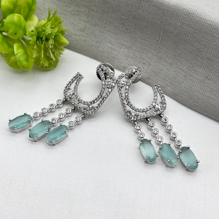 Silver-Plated Drop Earrings with Aquamarine and CZ Stones – Elegant Brass Jewelry