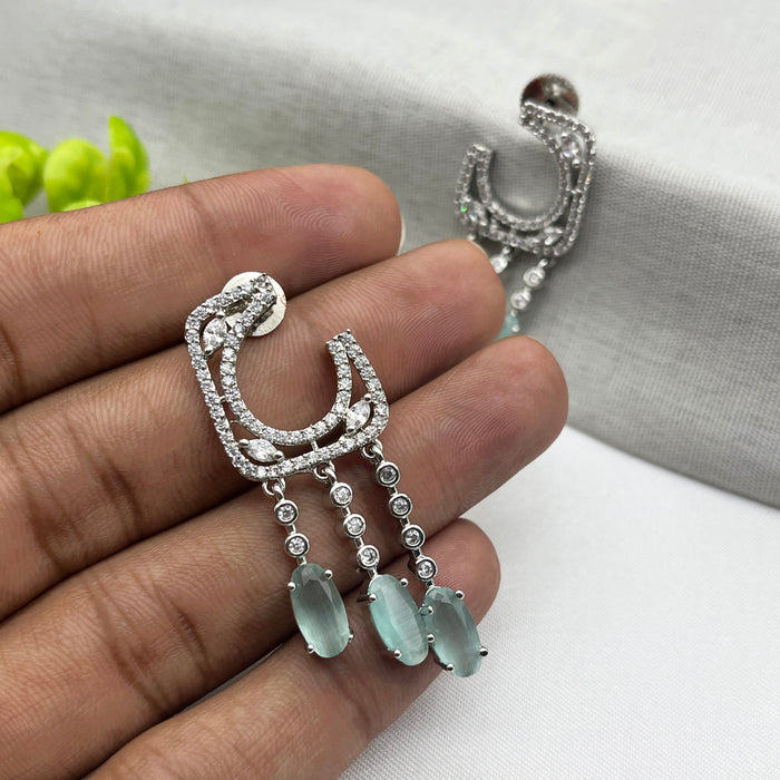 Silver-Plated Drop Earrings with Aquamarine and CZ Stones – Elegant Brass Jewelry