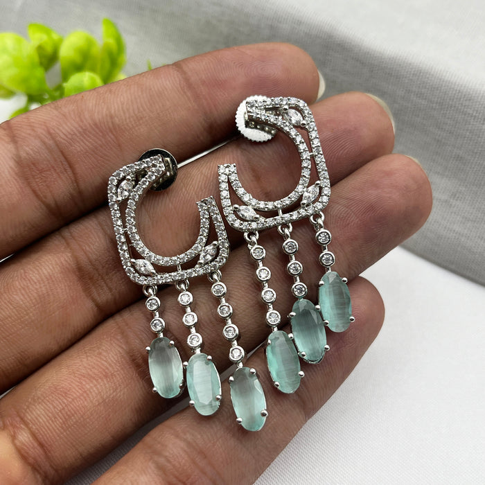 Silver-Plated Drop Earrings with Aquamarine and CZ Stones – Elegant Brass Jewelry