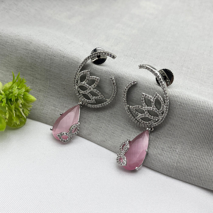 Silver-Plated Drop Earrings with Quartz and CZ Stones – Elegant Brass Jewelry