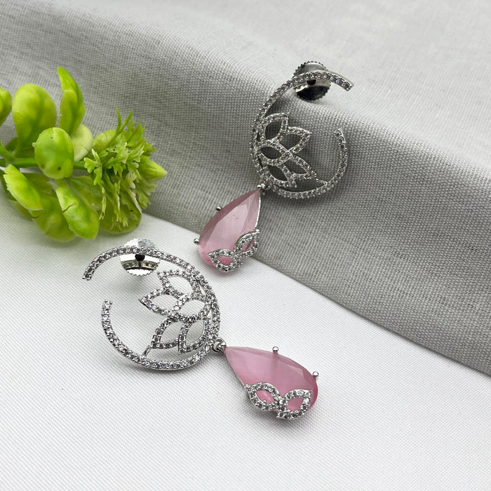 Silver-Plated Drop Earrings with Quartz and CZ Stones – Elegant Brass Jewelry