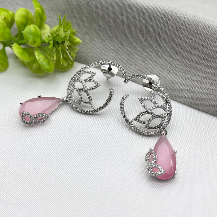 Silver-Plated Drop Earrings with Quartz and CZ Stones – Elegant Brass Jewelry